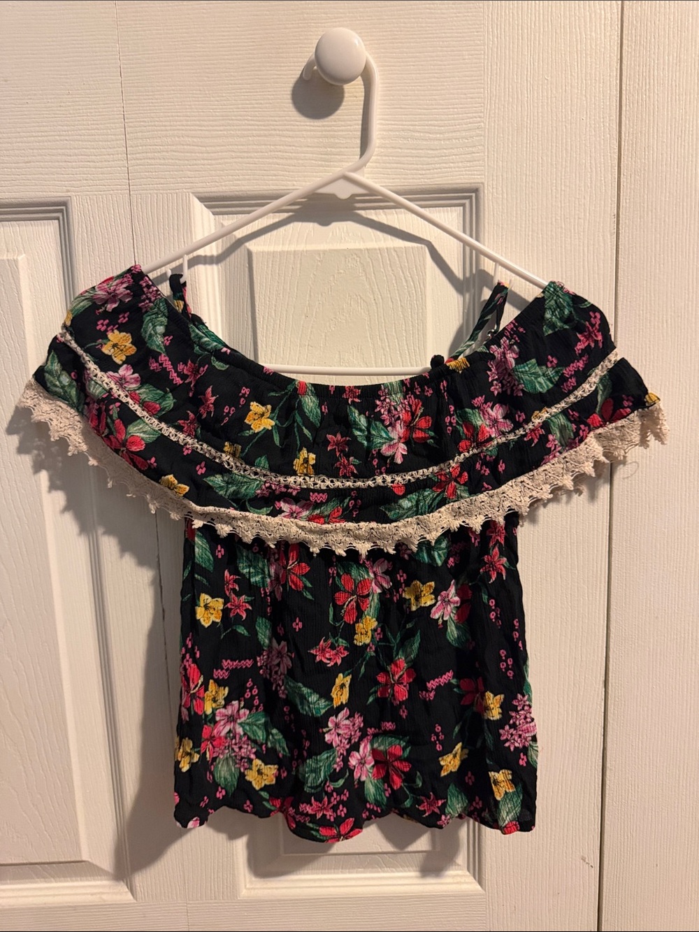 No Boundaries Black Floral Off-Shoulder Blouse with Lace Trim